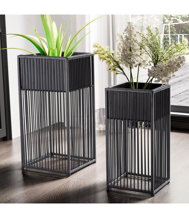 Wohnling bloempot set van 2 metalen plantenpotten zwart met frame | Design plantenpot vierkant | Bloempot plantenbak voor binnen
