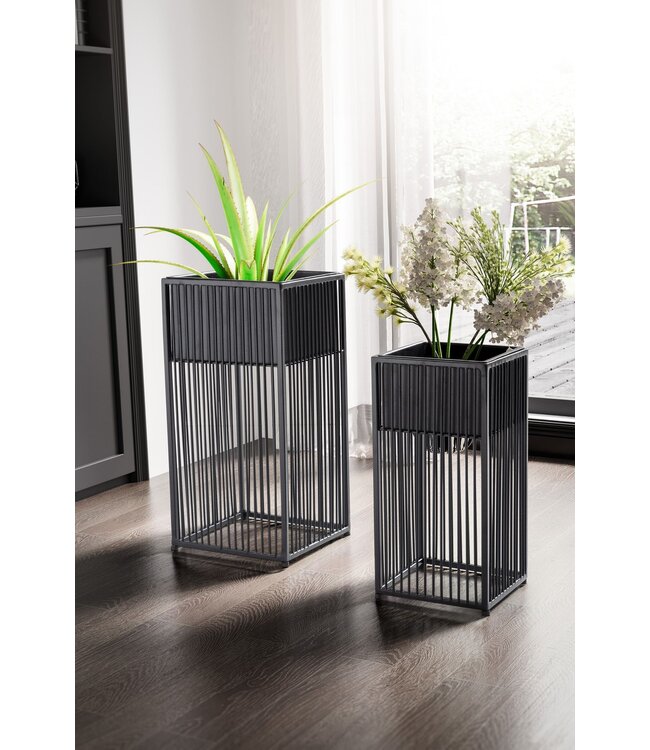 Wohnling bloempot set van 2 metalen plantenpotten zwart met frame | Design plantenpot vierkant | Bloempot plantenbak voor binnen