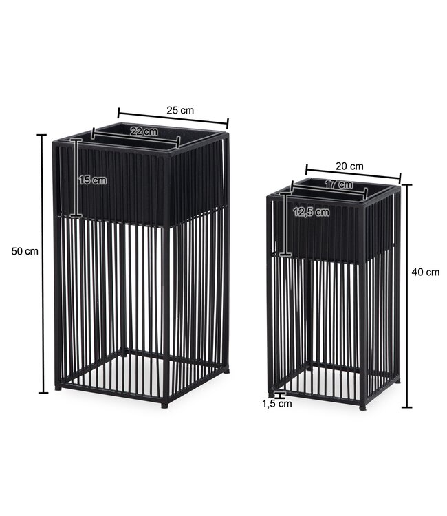 Wohnling bloempot set van 2 metalen plantenpotten zwart met frame | Design plantenpot vierkant | Bloempot plantenbak voor binnen