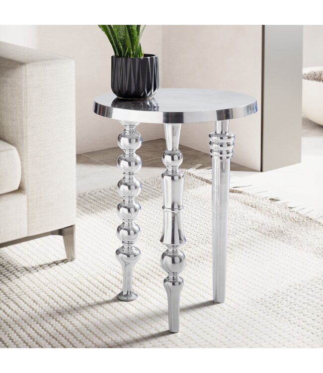 Wohnling bijzettafel 44x44x63 cm aluminium met drie verschillende poten | Driepoot woonkamertafel metaal | Decoratieve tafel rond zilver | Moderne aluminium bijzettafel | Kleine tafel woonkamer
