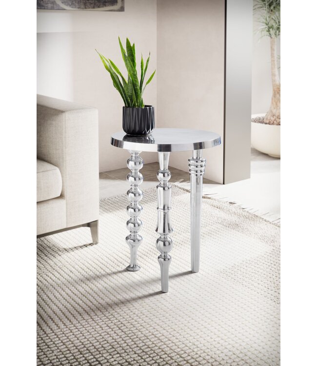 Wohnling bijzettafel 44x44x63 cm aluminium met drie verschillende poten | Driepoot woonkamertafel metaal | Decoratieve tafel rond zilver | Moderne aluminium bijzettafel | Kleine tafel woonkamer