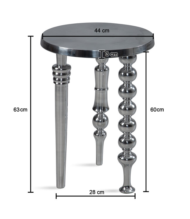 Wohnling bijzettafel 44x44x63 cm aluminium met drie verschillende poten | Driepoot woonkamertafel metaal | Decoratieve tafel rond zilver | Moderne aluminium bijzettafel | Kleine tafel woonkamer