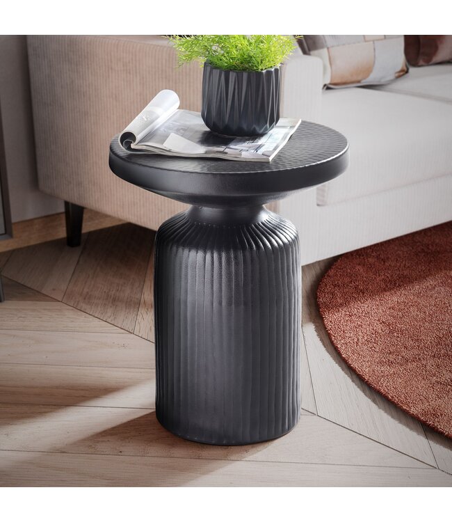 Wohnling bijzettafel 40x40x50 cm metaal zwart bijzettafel rond | Gehamerd woonkamertafel golfpatroon | Banktafel aluminium lattenlook | Kleine tafel woonkamer modern
