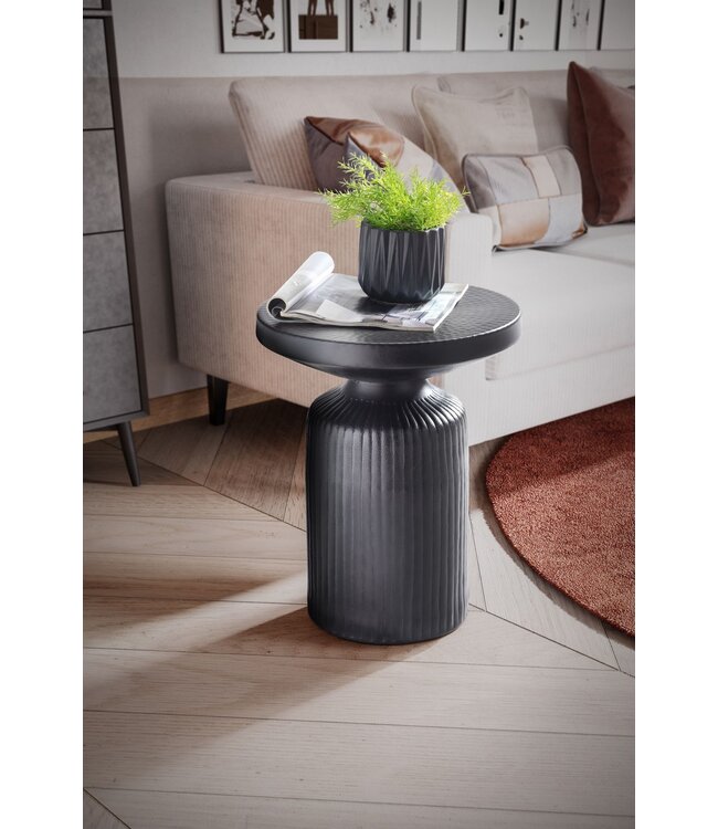 Wohnling bijzettafel 40x40x50 cm metaal zwart bijzettafel rond | Gehamerd woonkamertafel golfpatroon | Banktafel aluminium lattenlook | Kleine tafel woonkamer modern