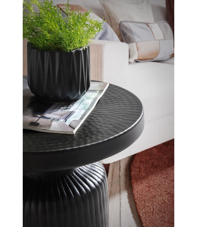 Wohnling bijzettafel 40x40x50 cm metaal zwart bijzettafel rond | Gehamerd woonkamertafel golfpatroon | Banktafel aluminium lattenlook | Kleine tafel woonkamer modern