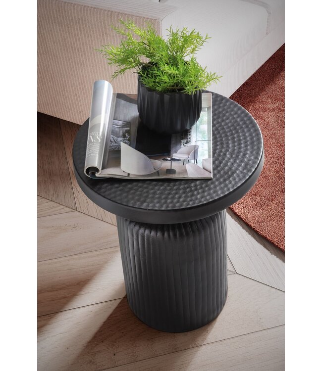 Wohnling bijzettafel 40x40x50 cm metaal zwart bijzettafel rond | Gehamerd woonkamertafel golfpatroon | Banktafel aluminium lattenlook | Kleine tafel woonkamer modern