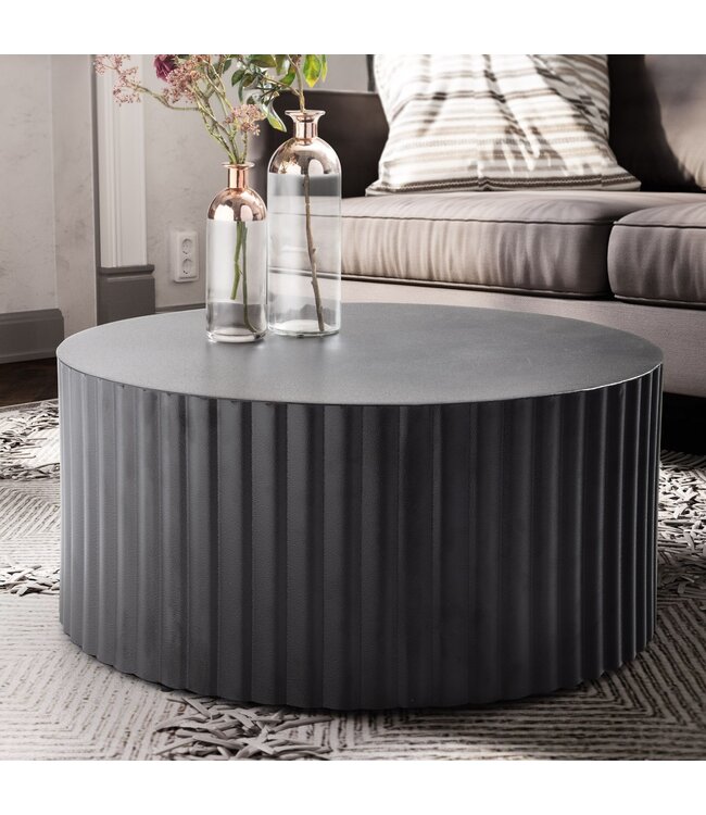 Wohnling salontafel 67x67x31 cm metaal zwarte salontafel rond | Design woonkamertafel met golfmotief | Salontafelijzer in lattenlook | Kleine tafel bijzettafel woonkamer modern