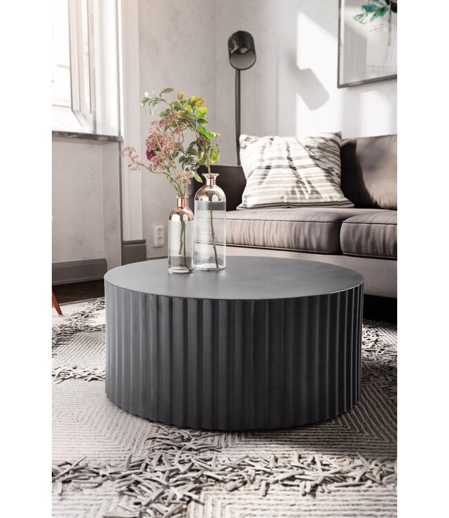 Wohnling salontafel 67x67x31 cm metaal zwarte salontafel rond | Design woonkamertafel met golfmotief | Salontafelijzer in lattenlook | Kleine tafel bijzettafel woonkamer modern