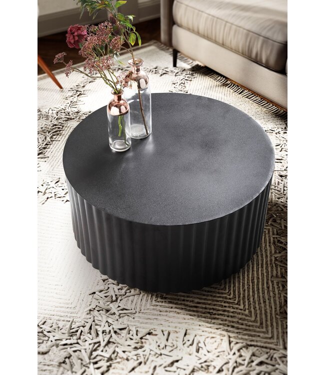 Wohnling salontafel 67x67x31 cm metaal zwarte salontafel rond | Design woonkamertafel met golfmotief | Salontafelijzer in lattenlook | Kleine tafel bijzettafel woonkamer modern
