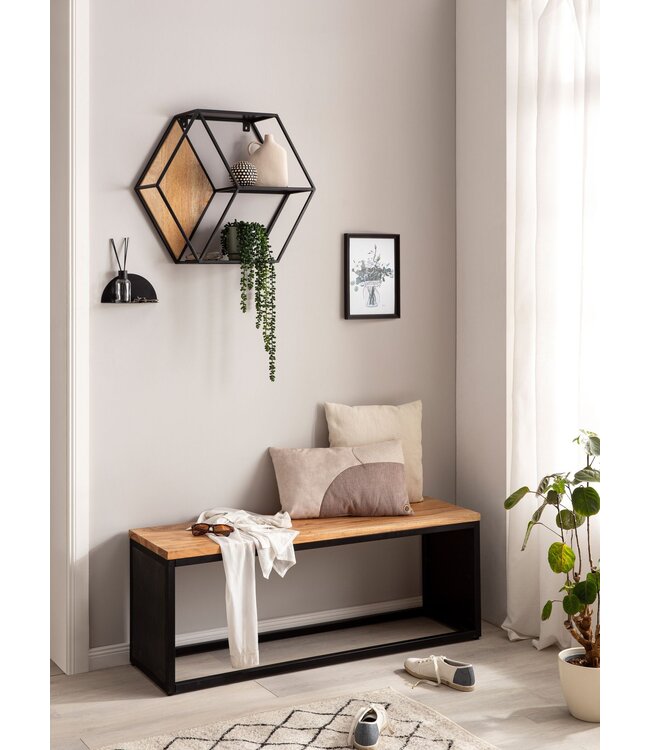 Wohnling Wandplank 60x52x20 cm mango massief hout/metaal hangplank industrieel | Design zwevende plank zeshoekig | Decoratieve plank hangend honingraatvorm Wandplank met 3 planken