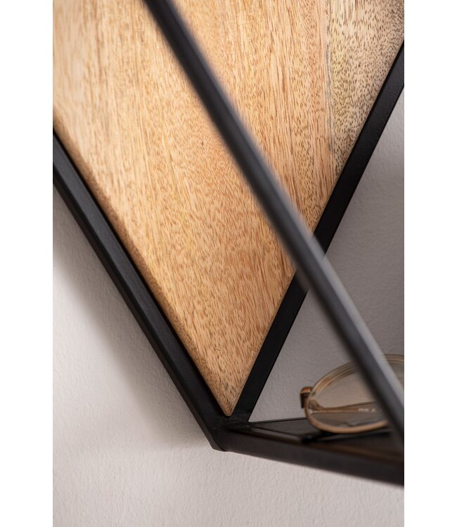 Wohnling Wandplank 60x52x20 cm mango massief hout/metaal hangplank industrieel | Design zwevende plank zeshoekig | Decoratieve plank hangend honingraatvorm Wandplank met 3 planken