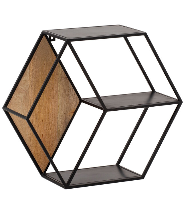 Wohnling Wandplank 60x52x20 cm mango massief hout/metaal hangplank industrieel | Design zwevende plank zeshoekig | Decoratieve plank hangend honingraatvorm Wandplank met 3 planken