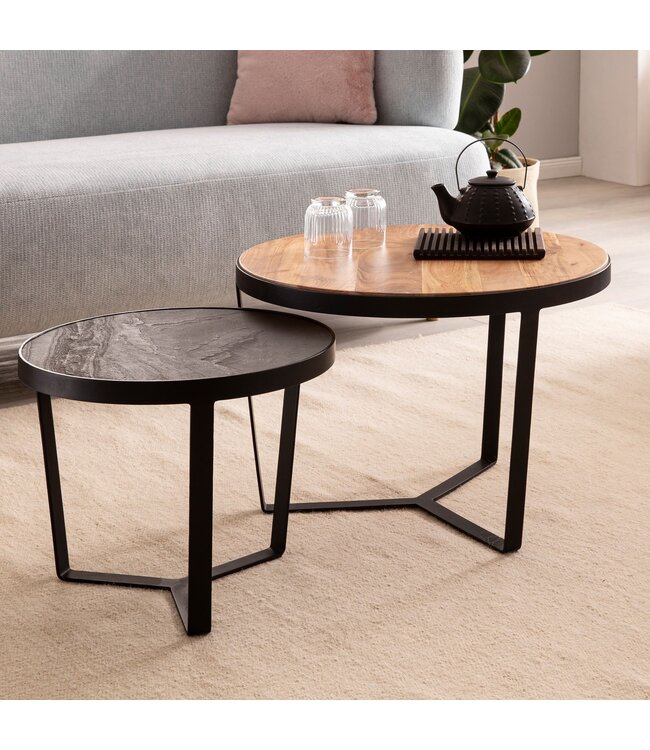 Wohnling Salontafelset van 2 massief acaciahout / steenlook woonkamertafel rond | Bijzettafel met metalen frame | Salontafel modern | Salontafel nesttafel 2 delen