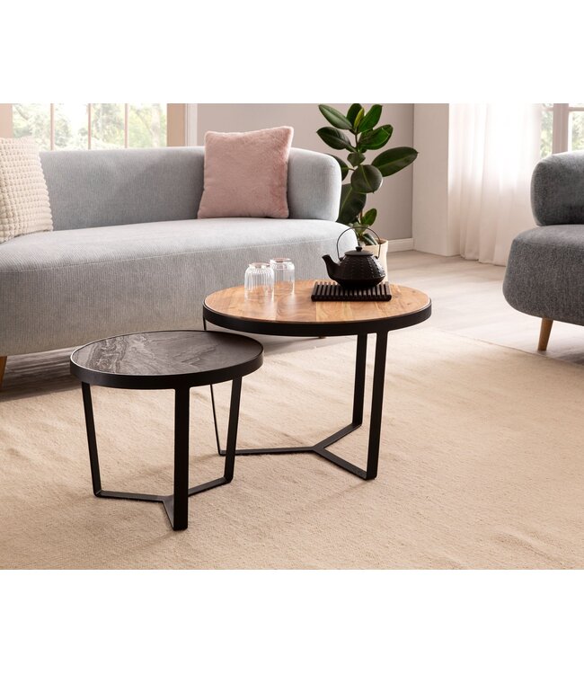 Wohnling Salontafelset van 2 massief acaciahout / steenlook woonkamertafel rond | Bijzettafel met metalen frame | Salontafel modern | Salontafel nesttafel 2 delen