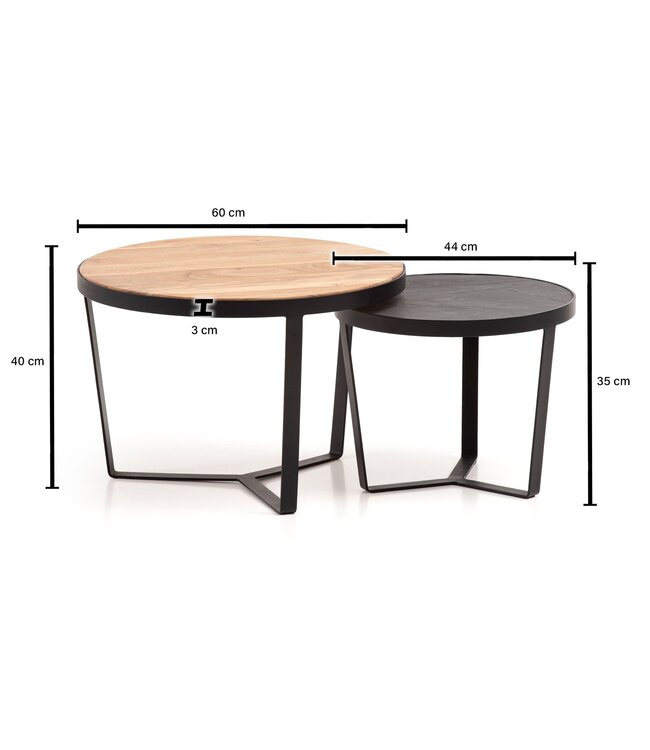 Wohnling Salontafelset van 2 massief acaciahout / steenlook woonkamertafel rond | Bijzettafel met metalen frame | Salontafel modern | Salontafel nesttafel 2 delen