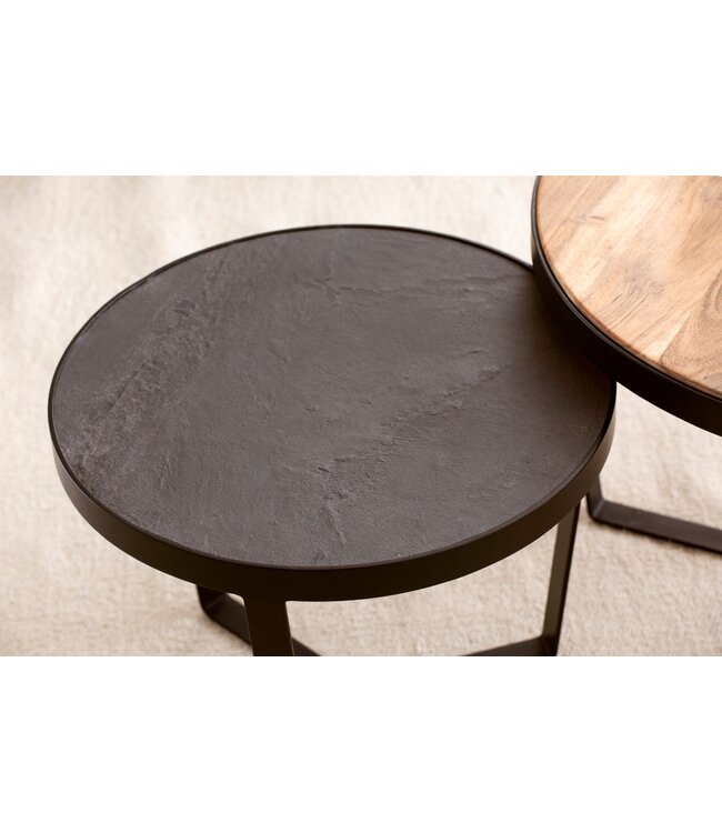 Wohnling Salontafelset van 2 massief acaciahout / steenlook woonkamertafel rond | Bijzettafel met metalen frame | Salontafel modern | Salontafel nesttafel 2 delen