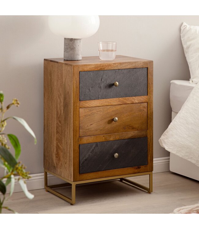 Wohnling nachtkastje mango massief hout/steenlook 40x60x30 cm nachtkastje boxspringbed | Design nachtkastje bruin met 3 lades | Nachtkastje met opbergruimte en metalen frame