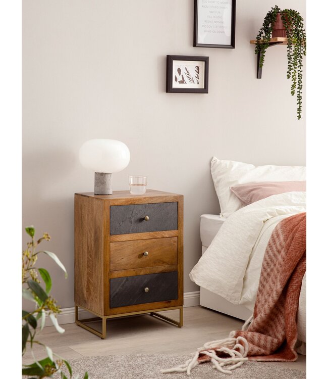 Wohnling nachtkastje mango massief hout/steenlook 40x60x30 cm nachtkastje boxspringbed | Design nachtkastje bruin met 3 lades | Nachtkastje met opbergruimte en metalen frame