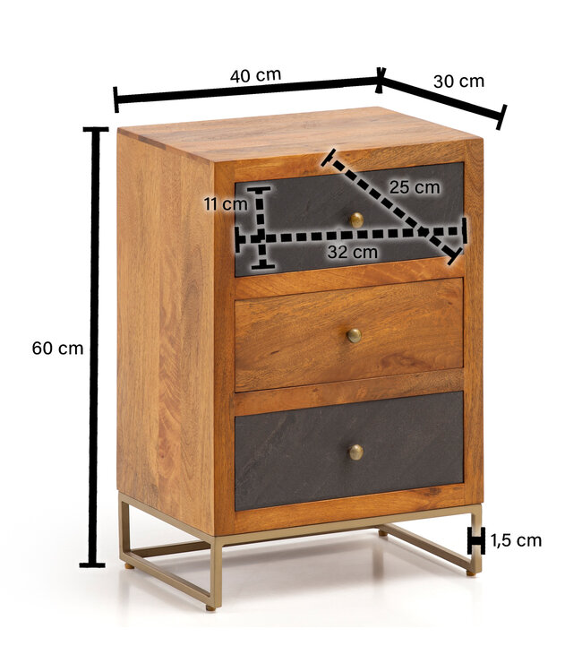 Wohnling nachtkastje mango massief hout/steenlook 40x60x30 cm nachtkastje boxspringbed | Design nachtkastje bruin met 3 lades | Nachtkastje met opbergruimte en metalen frame