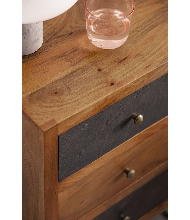 Wohnling nachtkastje mango massief hout/steenlook 40x60x30 cm nachtkastje boxspringbed | Design nachtkastje bruin met 3 lades | Nachtkastje met opbergruimte en metalen frame