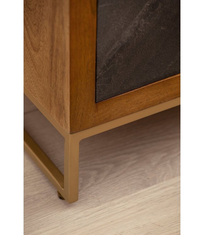 Wohnling nachtkastje mango massief hout/steenlook 40x60x30 cm nachtkastje boxspringbed | Design nachtkastje bruin met 3 lades | Nachtkastje met opbergruimte en metalen frame