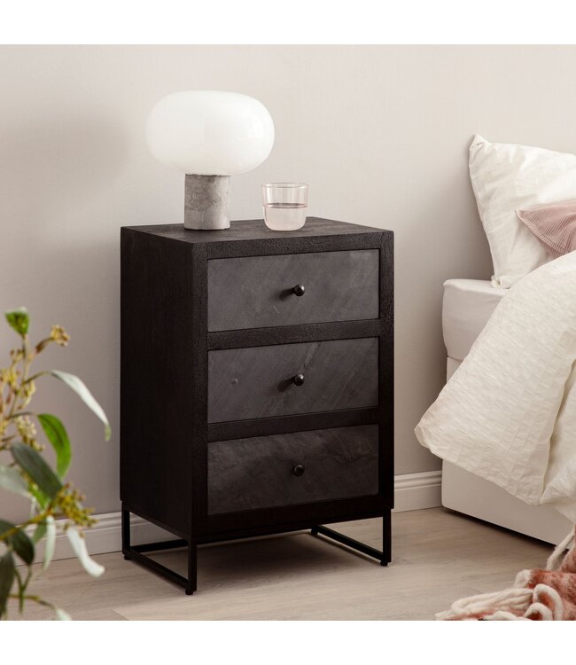 Wohnling nachtkastje mango massief hout/steenlook 40x60x30 cm nachtkastje boxspringbed | Design nachtconsole zwart met 3 lades | Nachtkastje met opbergruimte en metalen frame