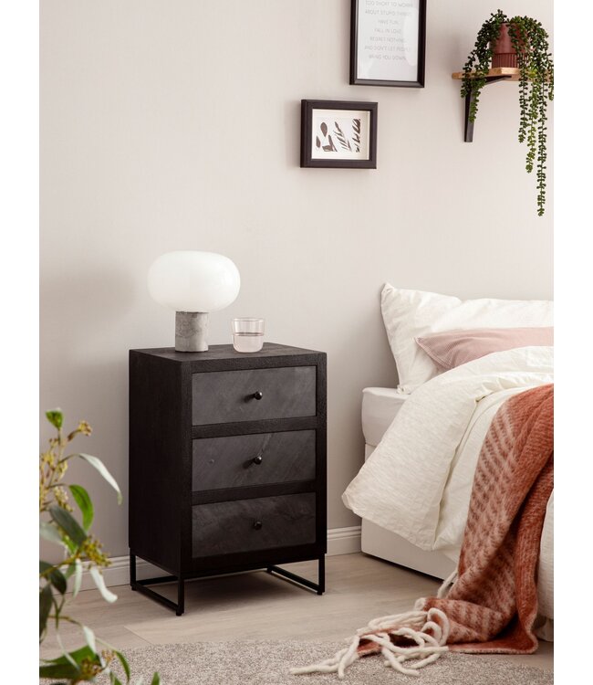 Wohnling nachtkastje mango massief hout/steenlook 40x60x30 cm nachtkastje boxspringbed | Design nachtconsole zwart met 3 lades | Nachtkastje met opbergruimte en metalen frame