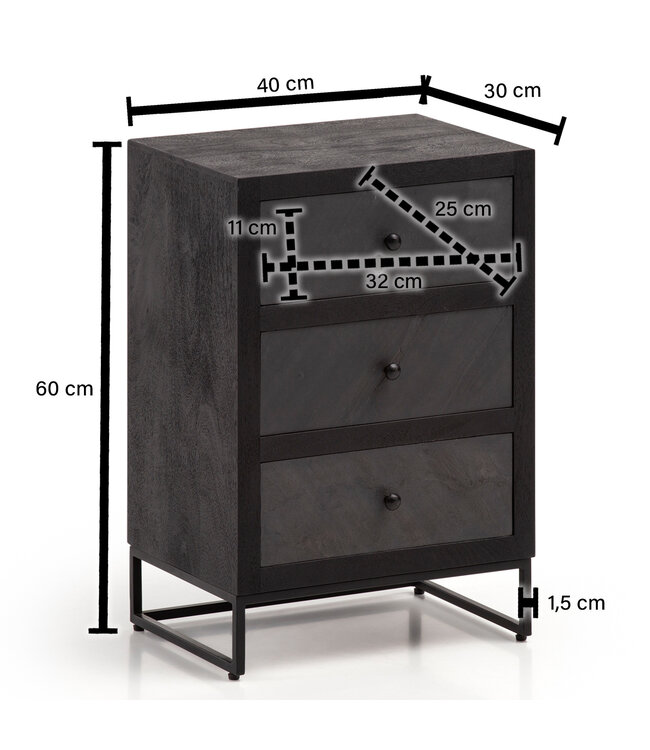 Wohnling nachtkastje mango massief hout/steenlook 40x60x30 cm nachtkastje boxspringbed | Design nachtconsole zwart met 3 lades | Nachtkastje met opbergruimte en metalen frame