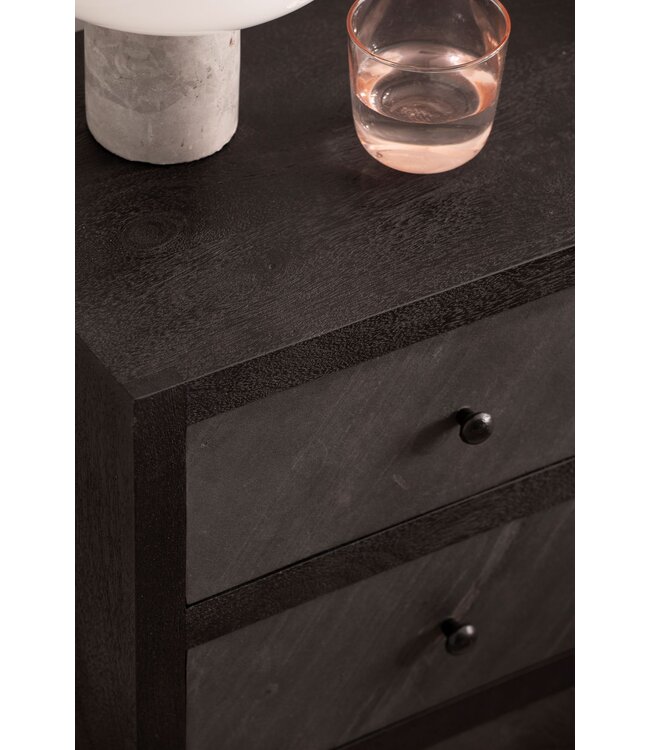 Wohnling nachtkastje mango massief hout/steenlook 40x60x30 cm nachtkastje boxspringbed | Design nachtconsole zwart met 3 lades | Nachtkastje met opbergruimte en metalen frame