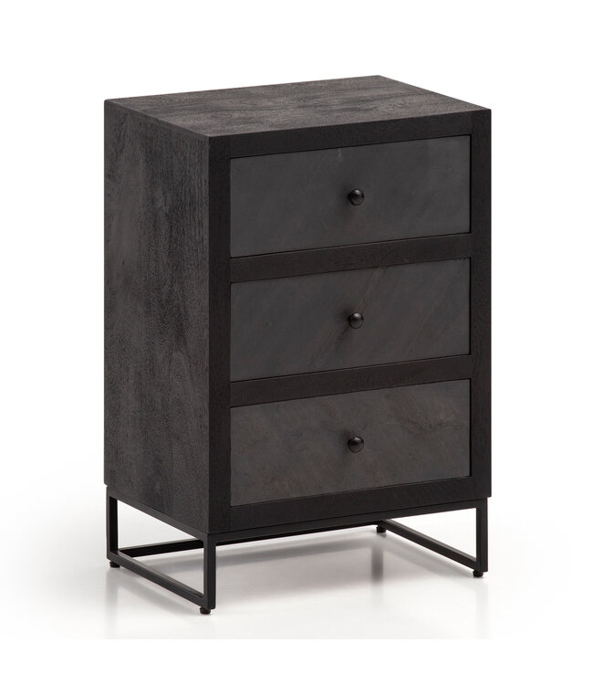 Wohnling nachtkastje mango massief hout/steenlook 40x60x30 cm nachtkastje boxspringbed | Design nachtconsole zwart met 3 lades | Nachtkastje met opbergruimte en metalen frame