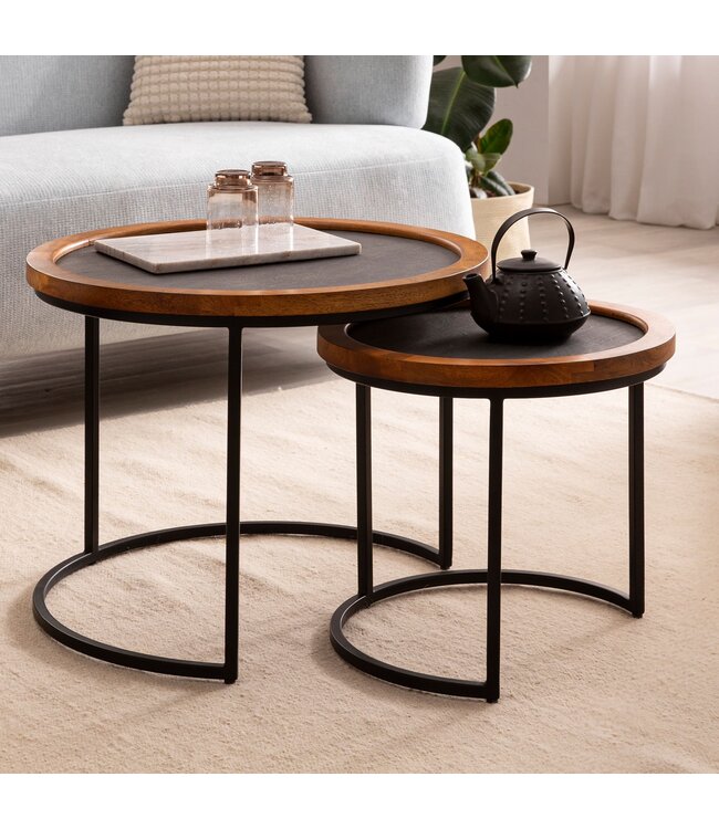 Wohnling Salontafel Set van 2 Mango Massief Hout / Steenlook Woonkamertafel Rond | Bijzettafel met metalen frame | Salontafel modern | Banktafel nesttafel 2-delig bruin/antraciet