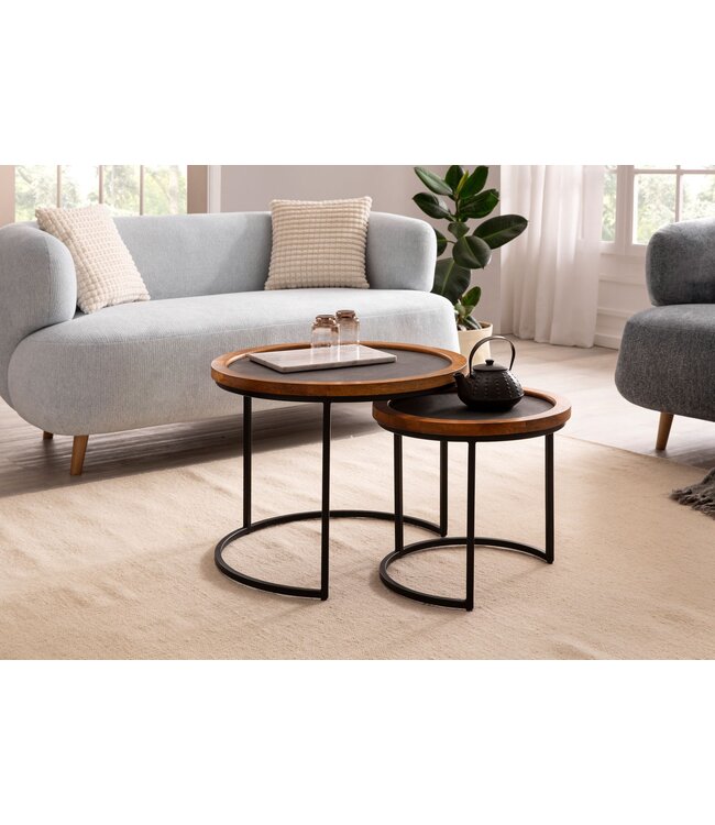 Wohnling Salontafel Set van 2 Mango Massief Hout / Steenlook Woonkamertafel Rond | Bijzettafel met metalen frame | Salontafel modern | Banktafel nesttafel 2-delig bruin/antraciet