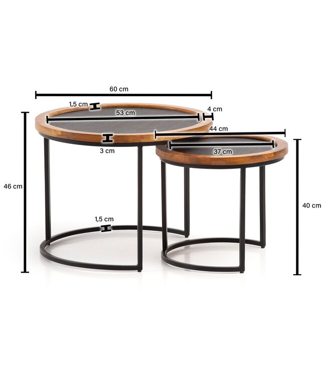 Wohnling Salontafel Set van 2 Mango Massief Hout / Steenlook Woonkamertafel Rond | Bijzettafel met metalen frame | Salontafel modern | Banktafel nesttafel 2-delig bruin/antraciet