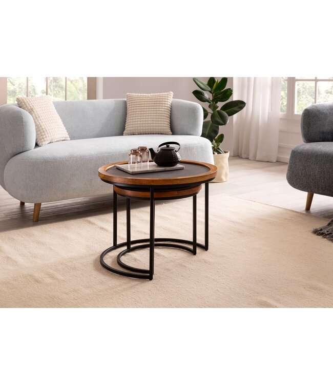 Wohnling Salontafel Set van 2 Mango Massief Hout / Steenlook Woonkamertafel Rond | Bijzettafel met metalen frame | Salontafel modern | Banktafel nesttafel 2-delig bruin/antraciet