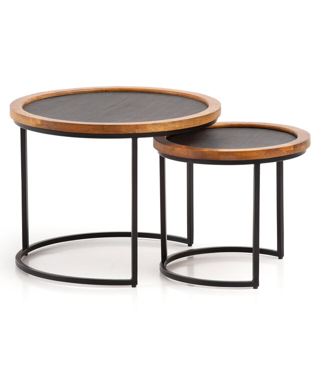Wohnling Salontafel Set van 2 Mango Massief Hout / Steenlook Woonkamertafel Rond | Bijzettafel met metalen frame | Salontafel modern | Banktafel nesttafel 2-delig bruin/antraciet