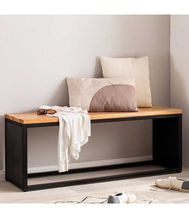 Wohnling Bank massief acaciahout / steenlook 120x45x35 cm Halbank met metalen frame | Design bedbank slaapkamer | Kleine garderobebank, eetkamerbank