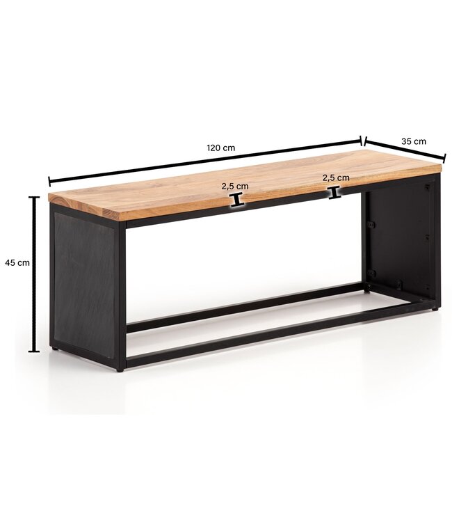 Wohnling Bank massief acaciahout / steenlook 120x45x35 cm Halbank met metalen frame | Design bedbank slaapkamer | Kleine garderobebank, eetkamerbank