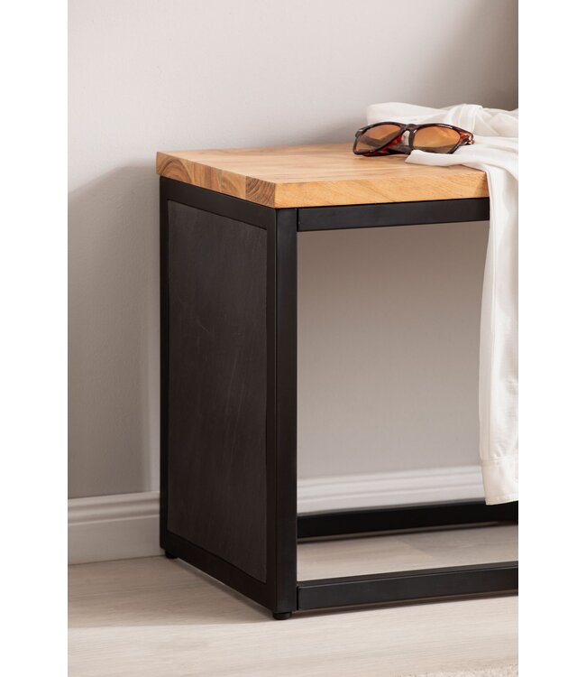 Wohnling Bank massief acaciahout / steenlook 120x45x35 cm Halbank met metalen frame | Design bedbank slaapkamer | Kleine garderobebank, eetkamerbank