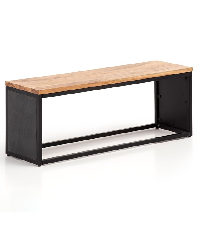 Wohnling Bank massief acaciahout / steenlook 120x45x35 cm Halbank met metalen frame | Design bedbank slaapkamer | Kleine garderobebank, eetkamerbank