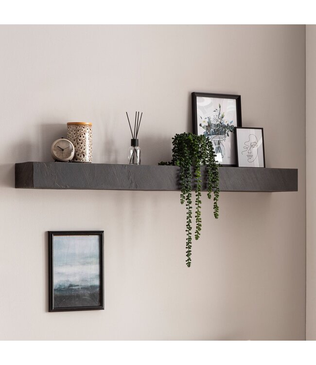 Wohnling Wandplank 120x10x20 cm mango massief hout / steenlook hangplank modern | Design zwevende plank rechthoekig | Plank hangend woonkamer antraciet