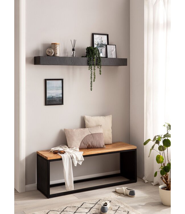 Wohnling Wandplank 120x10x20 cm mango massief hout / steenlook hangplank modern | Design zwevende plank rechthoekig | Plank hangend woonkamer antraciet