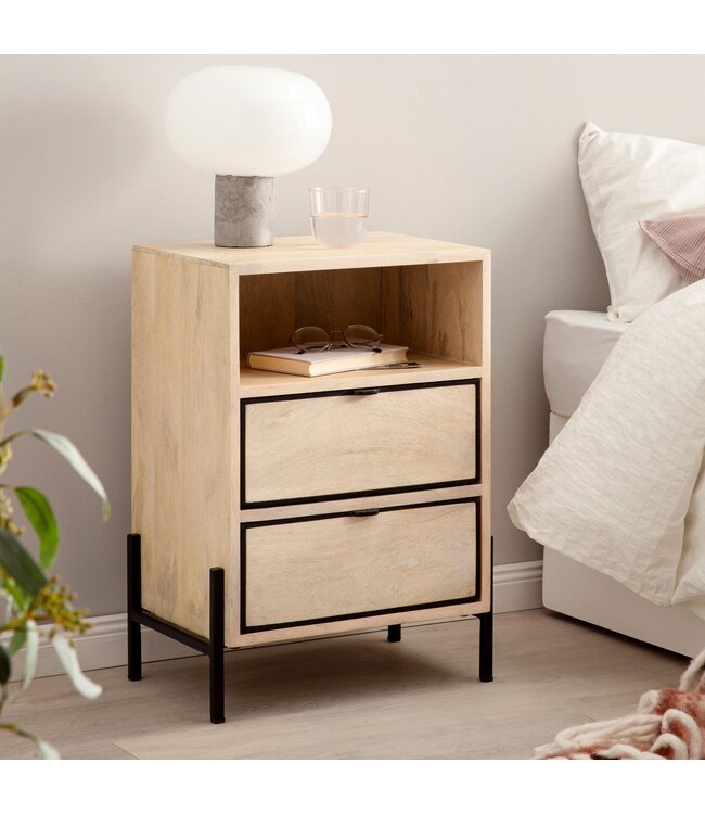 Wohnling nachtkastje Mango massief hout/metaal 43x60x30 cm nachtkastje boxspringbed | Design nachtkastje bruin met 2 lades | Nachtkastje met opbergruimte en metalen frame