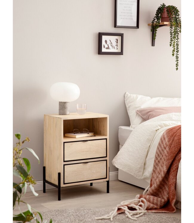 Wohnling nachtkastje Mango massief hout/metaal 43x60x30 cm nachtkastje boxspringbed | Design nachtkastje bruin met 2 lades | Nachtkastje met opbergruimte en metalen frame
