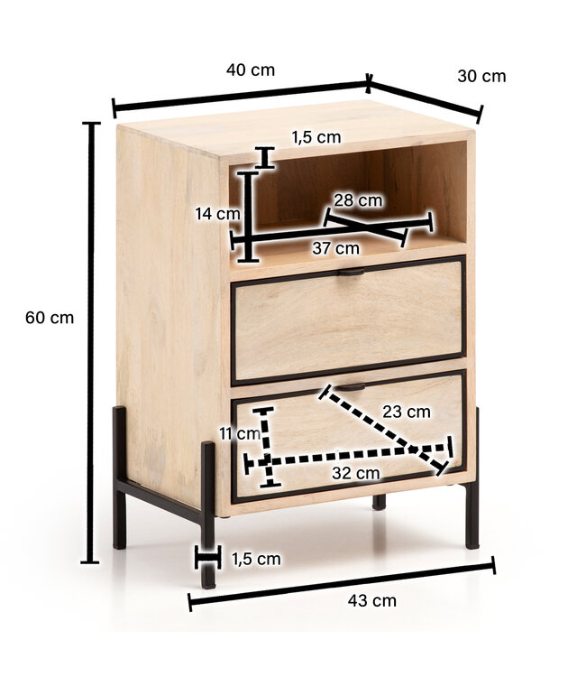 Wohnling nachtkastje Mango massief hout/metaal 43x60x30 cm nachtkastje boxspringbed | Design nachtkastje bruin met 2 lades | Nachtkastje met opbergruimte en metalen frame
