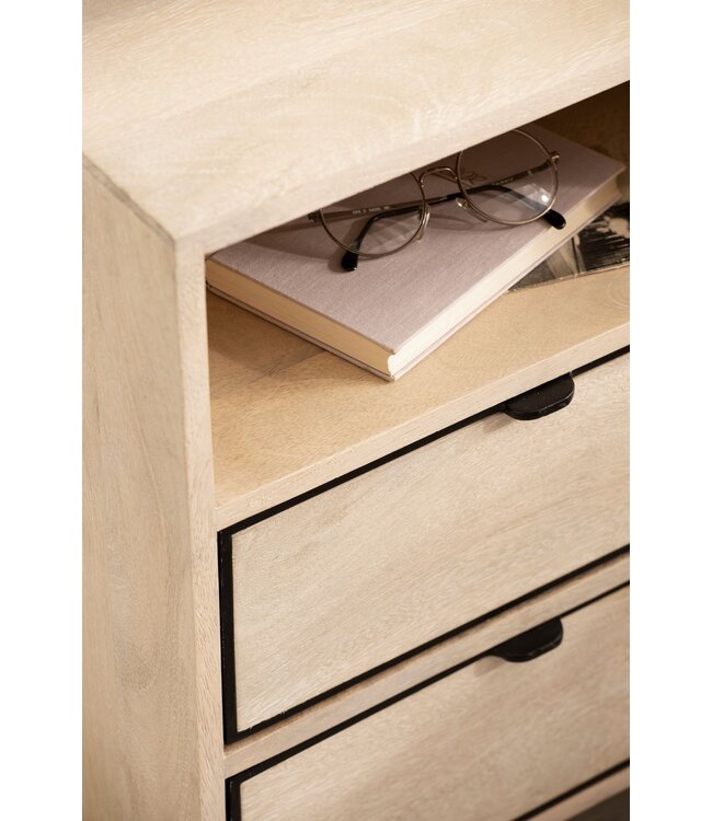 Wohnling nachtkastje Mango massief hout/metaal 43x60x30 cm nachtkastje boxspringbed | Design nachtkastje bruin met 2 lades | Nachtkastje met opbergruimte en metalen frame