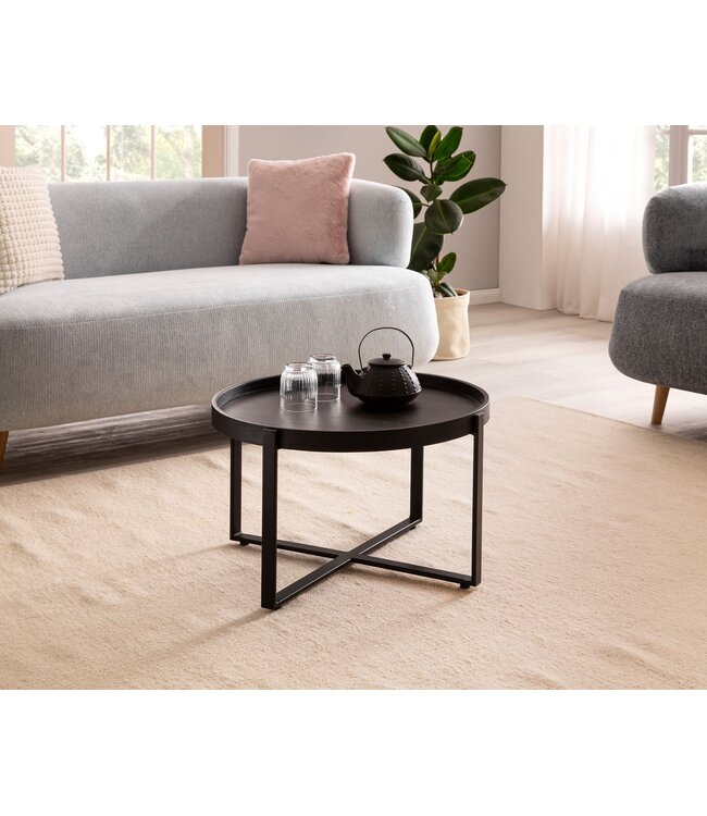 Wohnling Salontafel 60x60x35 cm Mango Massief Hout / Metaal Zwart Salontafel Rond | Design woonkamertafel met opstaande rand | Industriële salontafel woonkamer modern