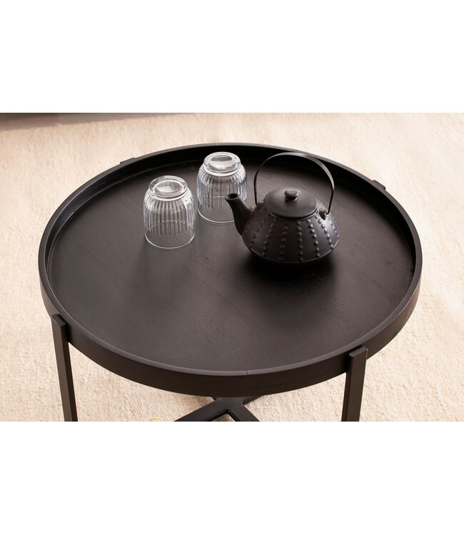 Wohnling Salontafel 60x60x35 cm Mango Massief Hout / Metaal Zwart Salontafel Rond | Design woonkamertafel met opstaande rand | Industriële salontafel woonkamer modern