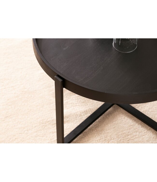 Wohnling Salontafel 60x60x35 cm Mango Massief Hout / Metaal Zwart Salontafel Rond | Design woonkamertafel met opstaande rand | Industriële salontafel woonkamer modern