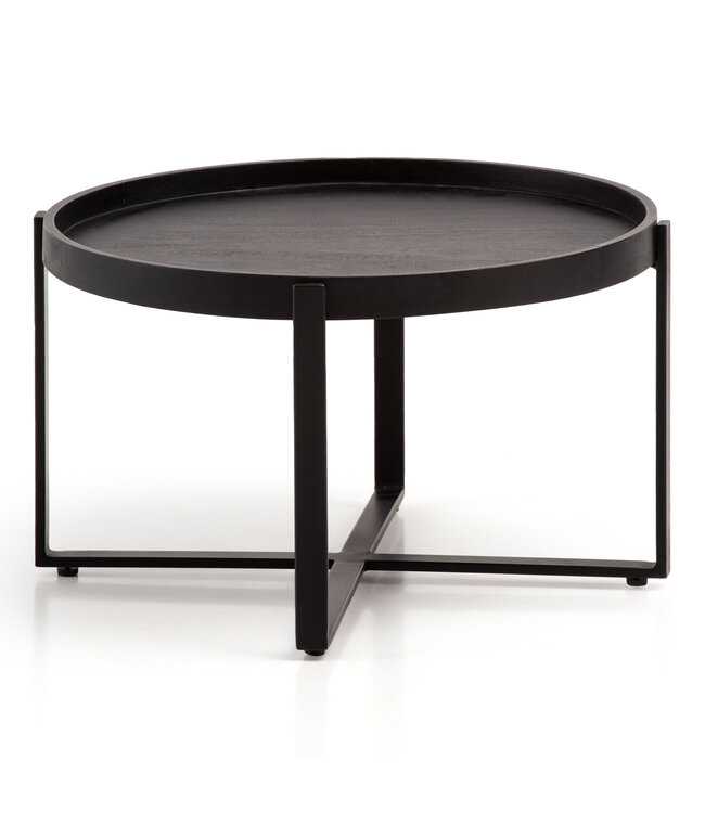 Wohnling Salontafel 60x60x35 cm Mango Massief Hout / Metaal Zwart Salontafel Rond | Design woonkamertafel met opstaande rand | Industriële salontafel woonkamer modern