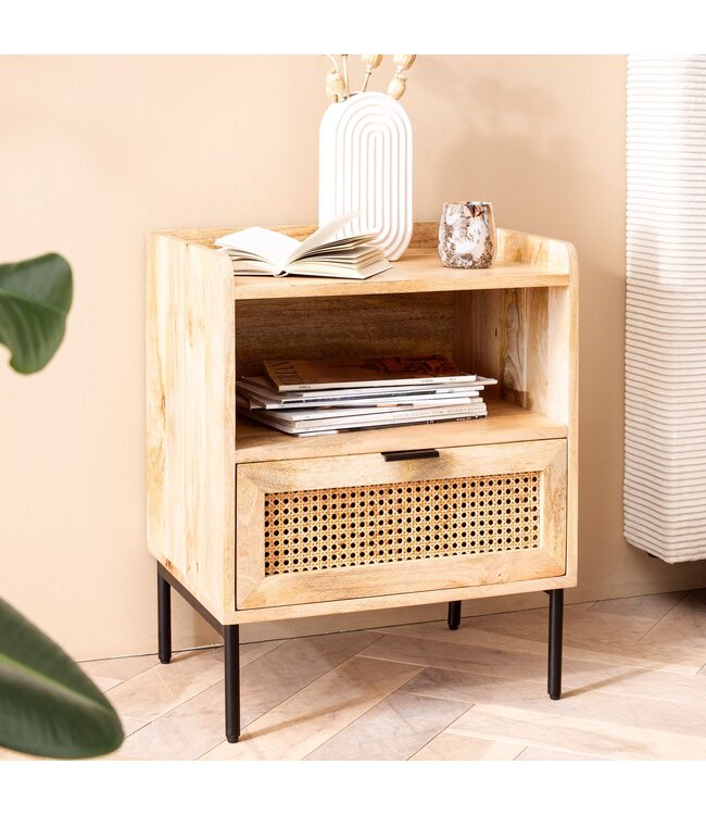 Wohnling nachtkastje mango massief hout / rotan 50x60x40 cm nachtkastje bruin | Nachtkastje boxspringbed met lade Weens geweven | Nachtkastje met opbergruimte en metalen frame
